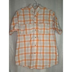 L.L.Bean Fishing Shirt Vented‎ Plaid Button Up Short Sleeve Orange White M